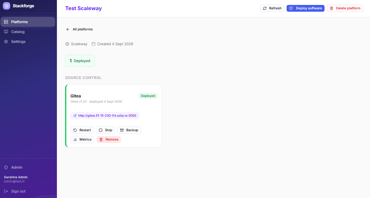 Portail Stackforge — vue d'une plateforme déployée avec le service Gitea en cours d'exécution